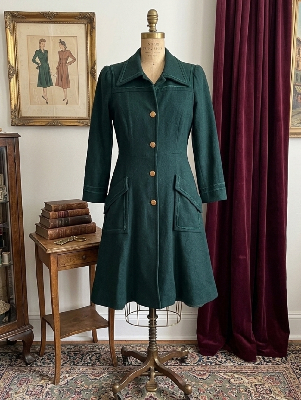 Vintage 1960s Valentine Forest Green Princess Swing Coat| Fit & Flare Coat Dress